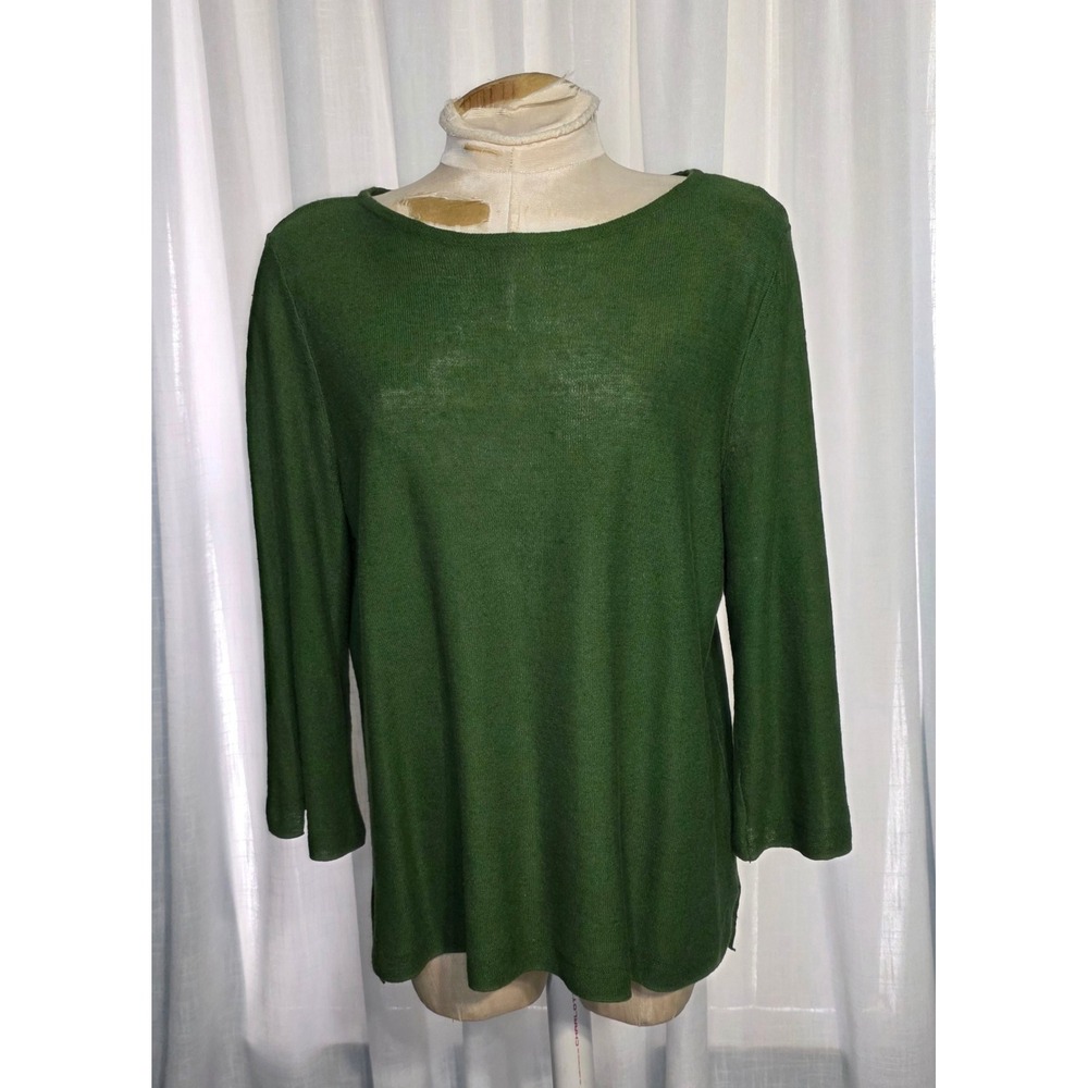 J. Jill Green Linen Blend 3/4 Sleeve Knit Sweater Top Medium Scoop Neck‎